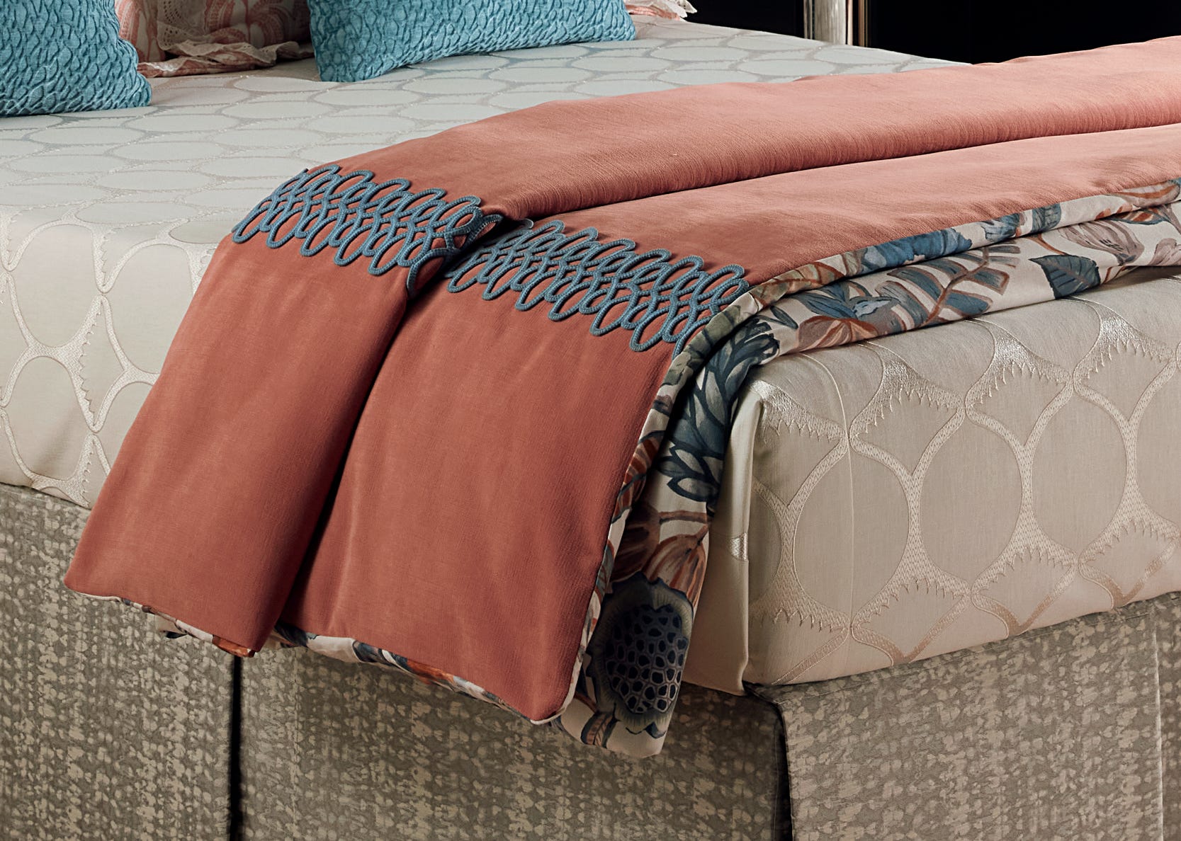 Close-up of our reversible duvet with scallop trim detail.