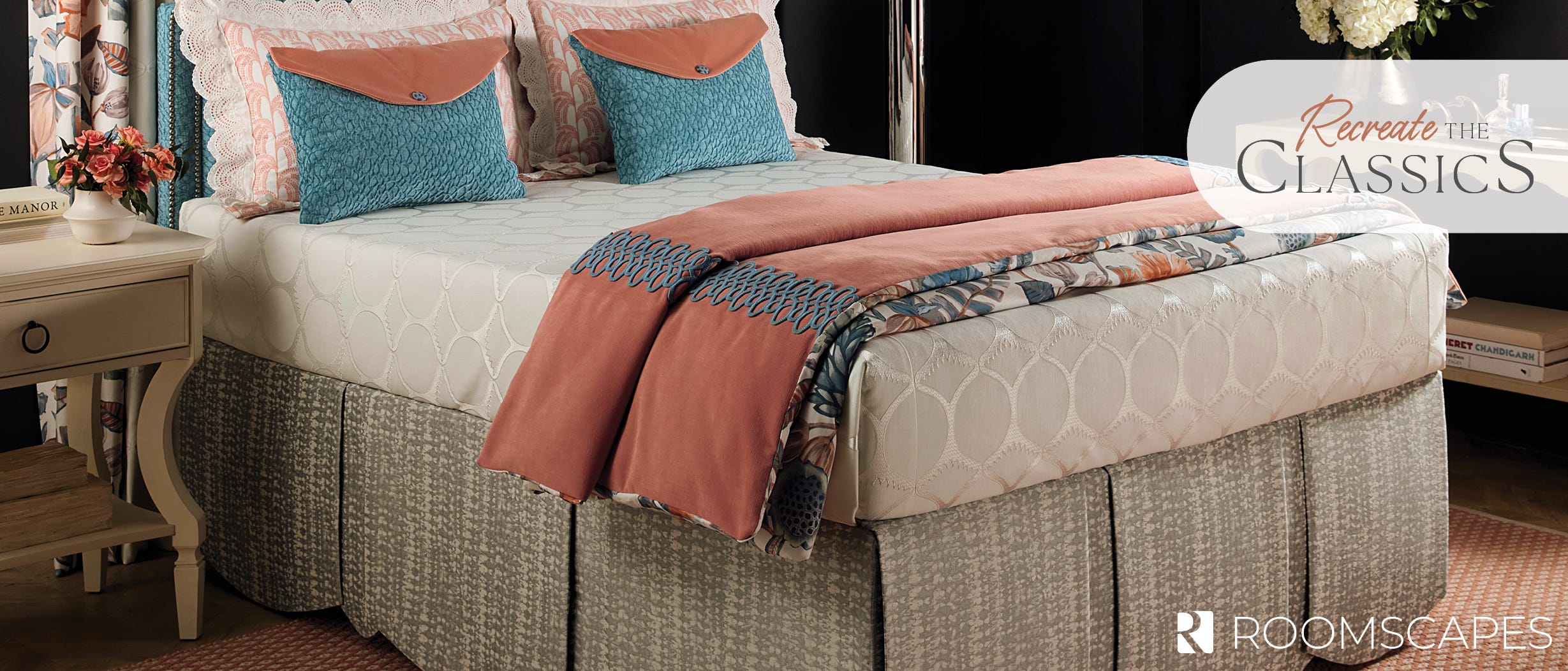 Dramatic bedding ensemble from Rowley's Recreate the Classics Roomscape.