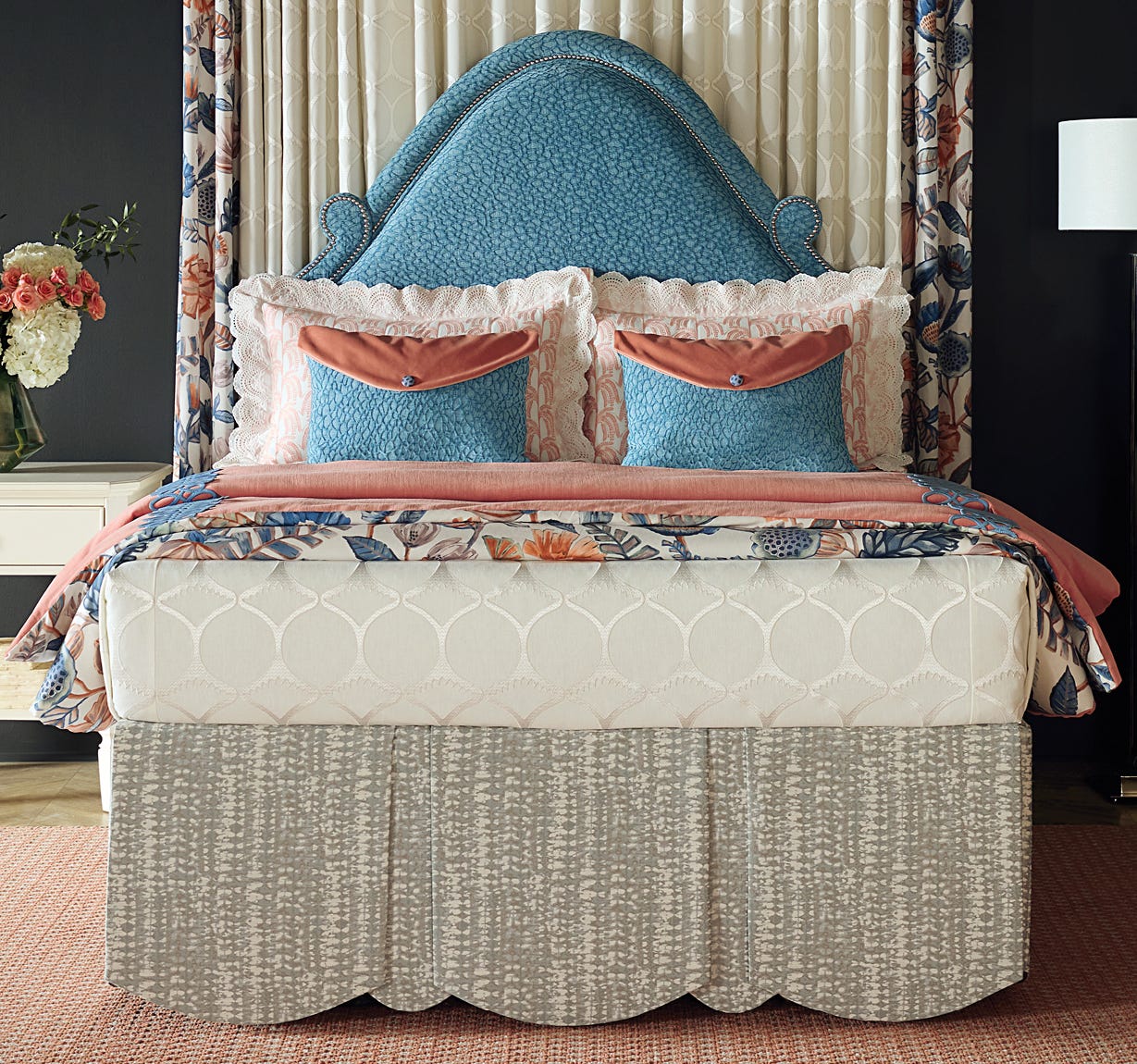 Straight-on shot of our dramatic bedding ensemble from the Recreate the Classics Roomscape.