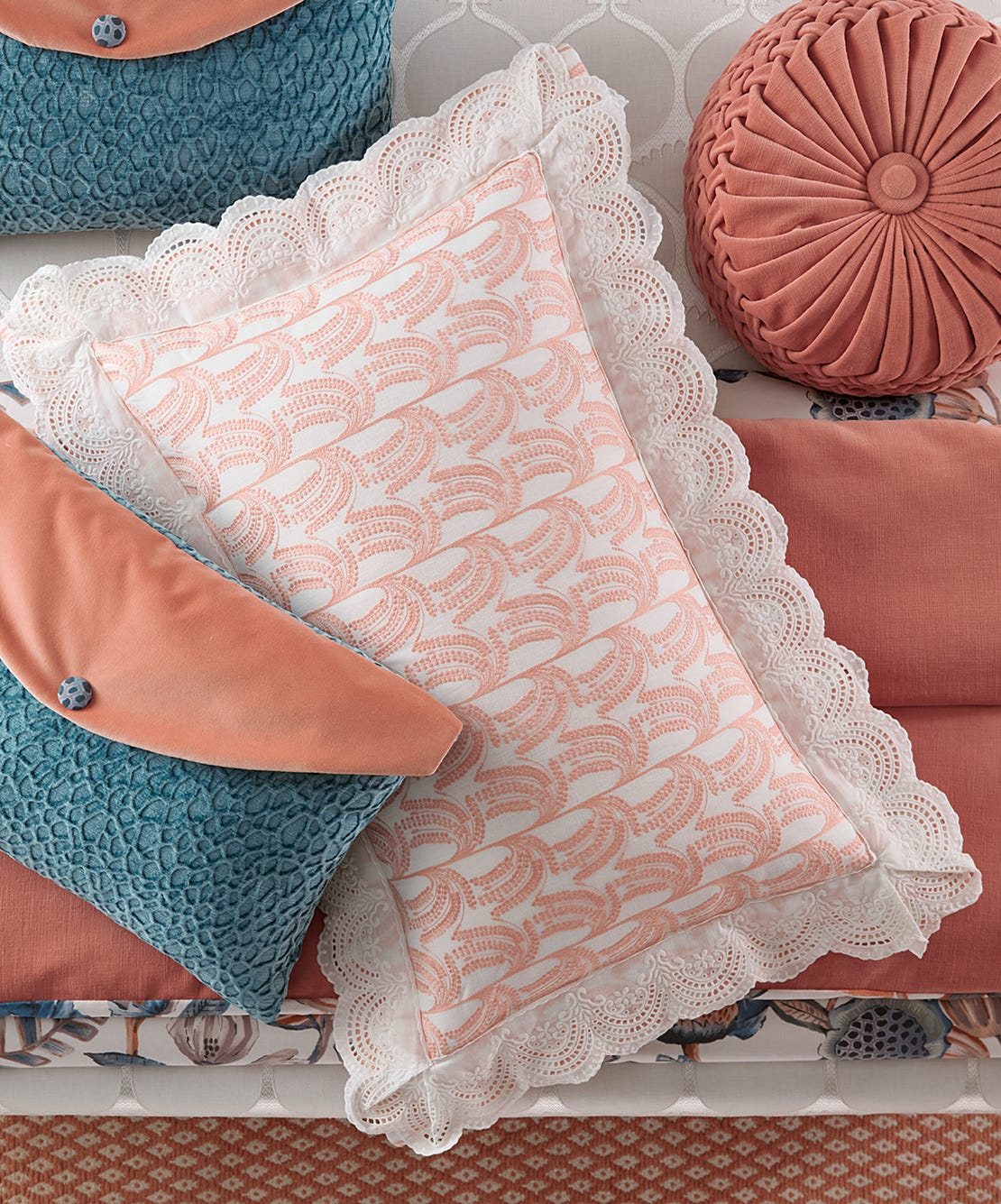 Close-up of scallop trim pillow sham designed for a queen-size pillow insert.