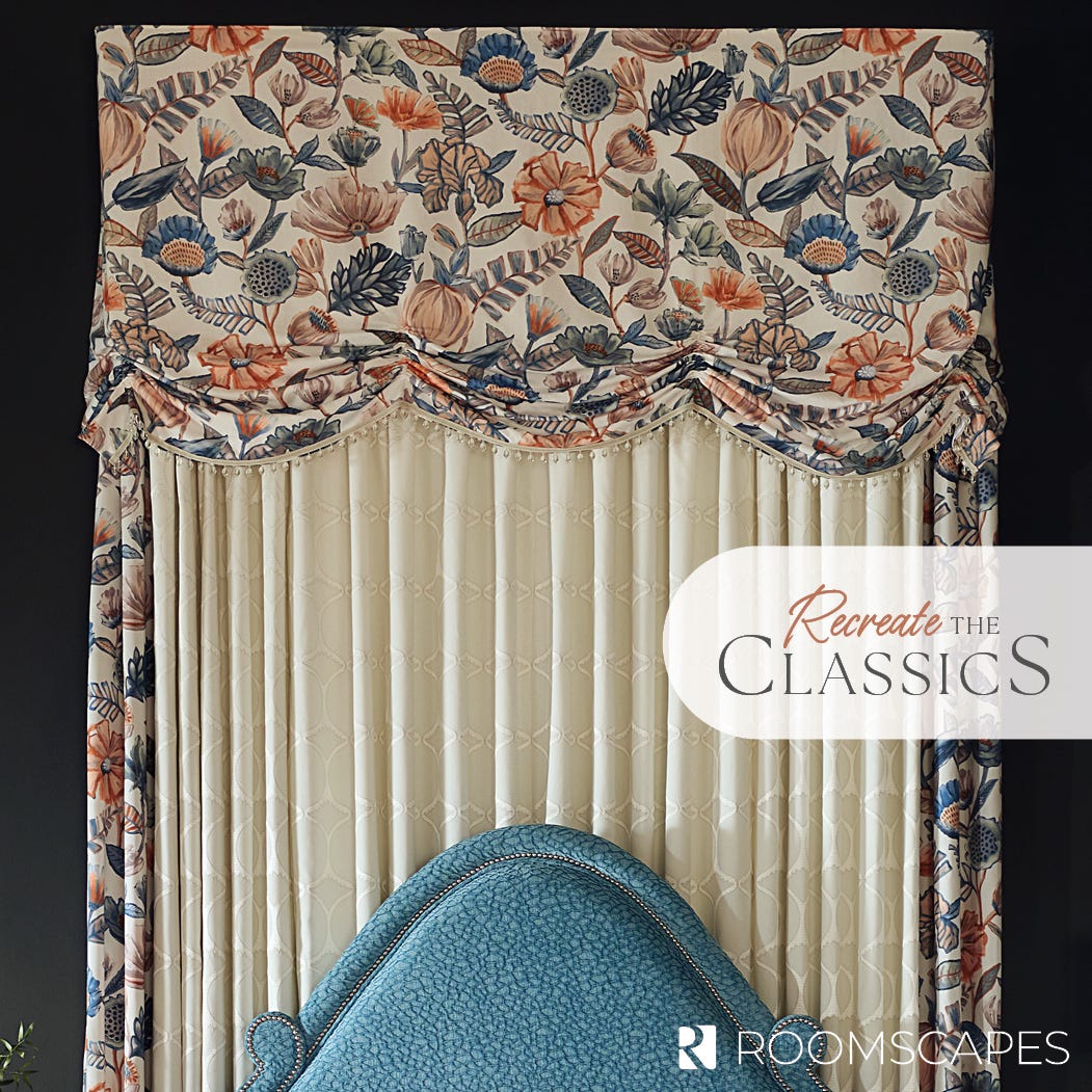 Close-up of layered over-the-bed valance and panels with decorative beaded trim.
