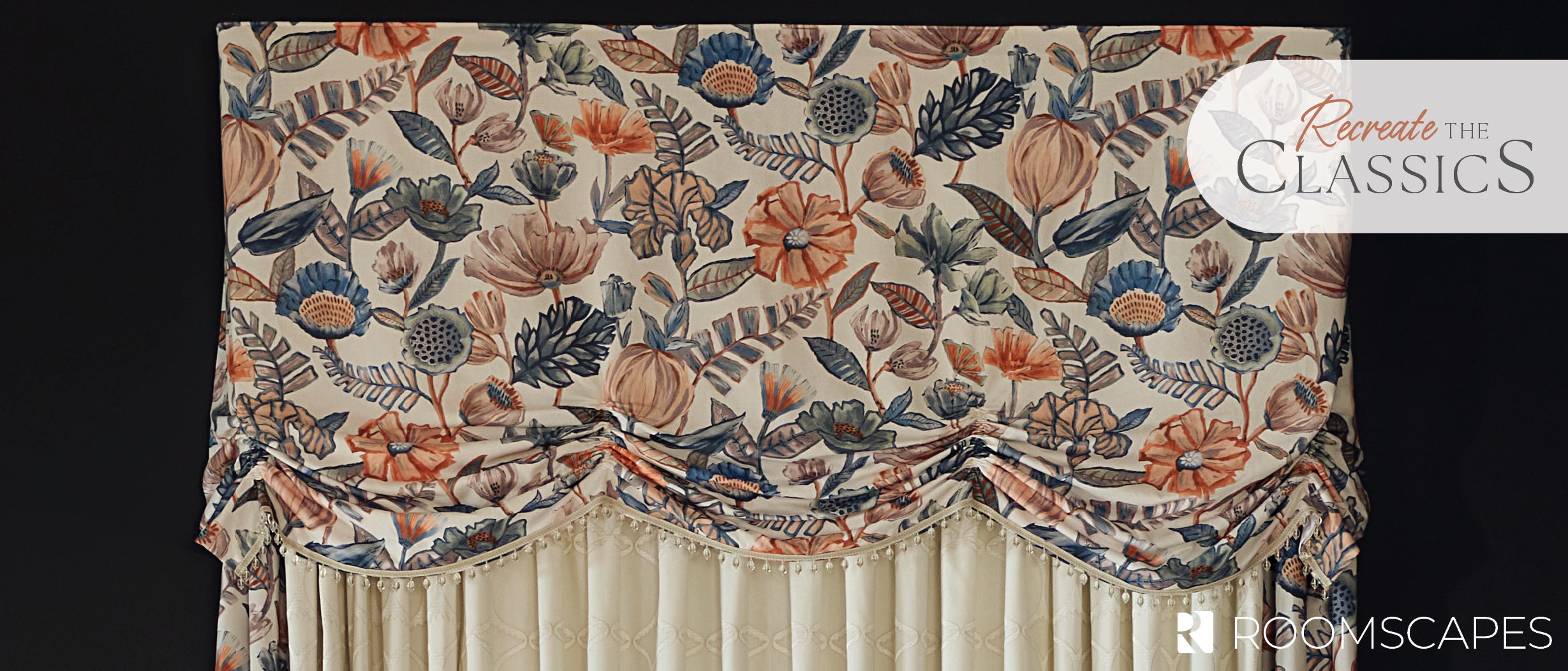 Close-up of layered over-the-bed valance and panels with decorative beaded trim.