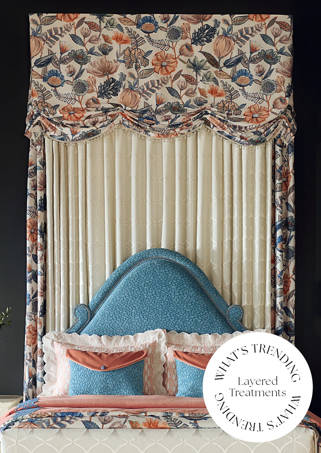 Full dramatic bedding ensemble with over-the-bed valance and panels.